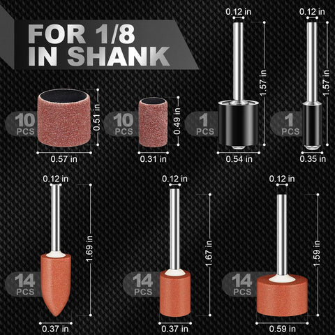 64-piece sanding bit set for Dremel tools; 1/8-in shank aluminum oxide bits with assorted shapes for rust removal, smoothing, sharpening