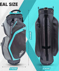 Ultra Lightweight Womens Golf Cart Bag With Dual Handles For Women 14 Way Full Length Top Dividers Large Putter Well Big Pockets For Accessories Easy Carry On Back Or Cart Aqua Grey side and back view