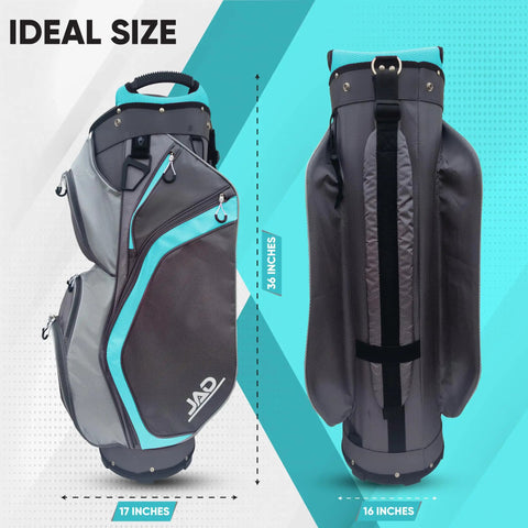 Ultra Lightweight Womens Golf Cart Bag With Dual Handles For Women 14 Way Full Length Top Dividers Large Putter Well Big Pockets For Accessories Easy Carry On Back Or Cart Aqua Grey side and back view