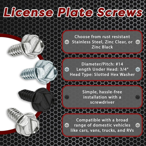 100 Pack License Plate Screws For Front And Rear Plates And Frames, Rust Resistant, Size 14, Three Quarter Inch Long
