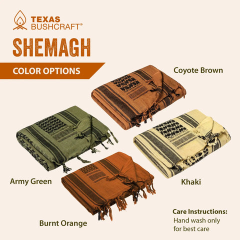 Desert Shemagh Tactical Scarf 43x43 Inches, 100 Percent Cotton Keffiyeh in four colors: Coyote Brown, Army Green, Burnt Orange, Khaki