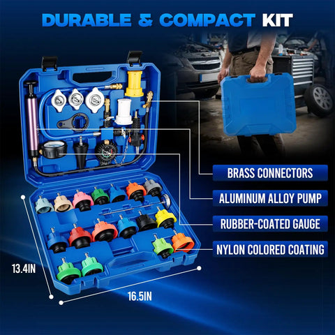 Grease Monkey Ready 33 Piece Cooling System Pressure Tester Kit With 23 Radiator Adapters in durable blue carrying case.