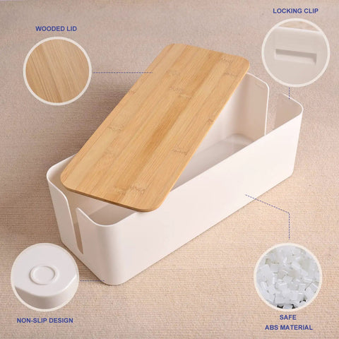Wooden Style Large Desk Cable Box To Hide Wires And Power Strips, ABS material, white box with wooden lid, 16 inch length