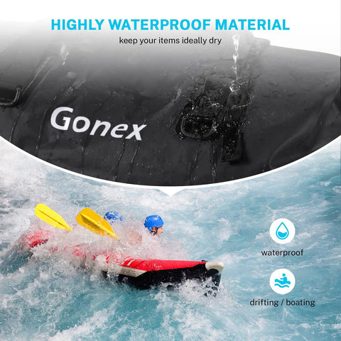 Extra Large Waterproof Duffel Bag 80L with roll top closure and PVC build, showing waterproof material in splash conditions