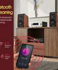 Powered Bookshelf Speakers With Bluetooth, 80W RMS, Bass Reflex Natural Wood Cabinet on a shelf, phone streaming music