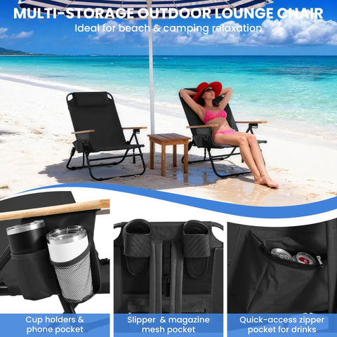 Premium Portable Camping Chair With Five Position Recliner Lightweight Foldable Outdoor Lounger on a beach, wooden armrests visible.