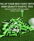 Durable Unbreakable Plastic Golf Tees Set That Stays Tough In Three Sizes shown on grass with a golf ball