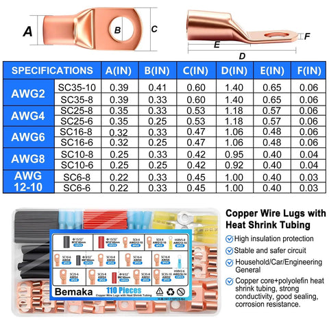 110 Pcs Copper Wire Lugs Kit With Pro Grade Heavy Duty Battery Terminal Connectors For AWG 2-16, size chart and components