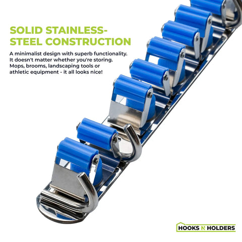 Close-up of blue and stainless steel 9 Slot Wall Mounted Garden Tool Rack With 6 Hooks In Blue Steel, Space Saving Tool Organizer.