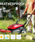 Man using lawn mower with Outdoor Extension Cord 150 Ft 16 3 Waterproof Flexible 3 Prong Power Cable Cold Weather Ready 1250W 10A ETL Listed Heavy Duty Black For Lawn Garden Job Site Use.