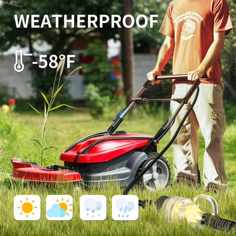Man using lawn mower with Outdoor Extension Cord 150 Ft 16 3 Waterproof Flexible 3 Prong Power Cable Cold Weather Ready 1250W 10A ETL Listed Heavy Duty Black For Lawn Garden Job Site Use.