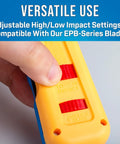Close-up of Beast Of A Punchdown Tool With 66 And 110 Blades, ergonomic handle showing adjustable high/low impact settings.