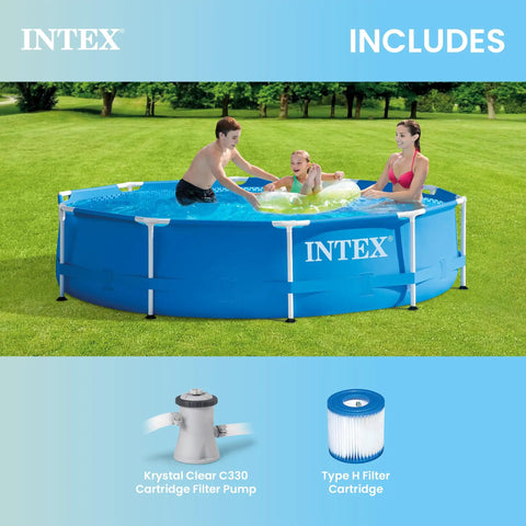 Family enjoying Easy Setup 10 Ft Round Metal Frame Above Ground Pool Set With 30 In Deep Water, pump and filter shown