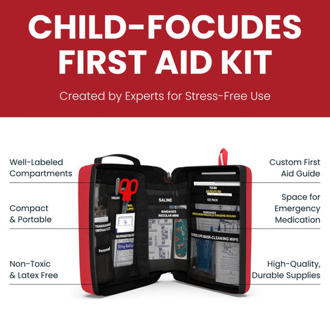 Portable kids' first aid kit in a red case, opened to show organized labeled compartments.
