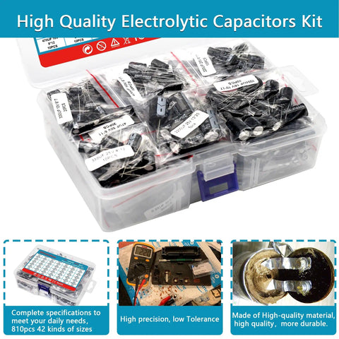 Dope 810-Piece Electrolytic Capacitor Kit With 42 Values 10V To 100V Ranges From 0.1uF To 2200uF DIY Inline Aluminum Capacitors Set