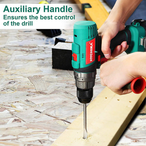 Cordless Drill Driver 20V Workhorse Kit with Auxiliary Handle drilling into wood with ergonomic grip.