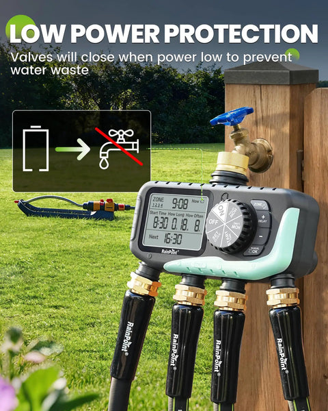 4 Zone Easy Sprinkler Timer For Garden Hose And Soaker Hoses With Rain Delay connected to outdoor tap with digital display