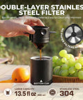 Portable All-In-One Coffee Maker With Built-In Battery And Grinder, outdoors on table, pour-over style brewing into mug