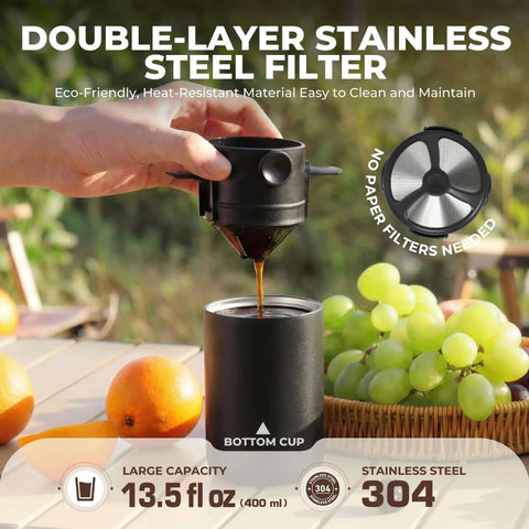 Portable All-In-One Coffee Maker With Built-In Battery And Grinder, outdoors on table, pour-over style brewing into mug