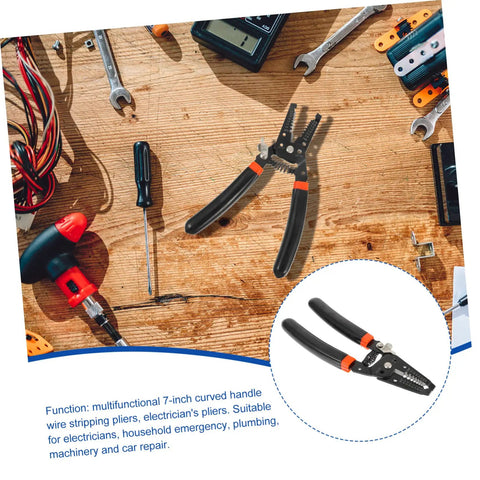 Slick Electrical Wire Stripper And Cable Cutter Pliers With Quick Grip Handles For Awg Cords on wooden workbench with tools.