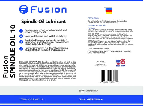 Premium ISO VG 10 Spindle Oil For High Speed Spindles And Machining Tools, Pro Grade Lubricant, 5 Gallon label showing features.