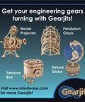 Image of Gearjits DIY kits featuring a Movie Projector, Pendulum Clock, Treasure Box, and Deluxe Globe with engineering theme.