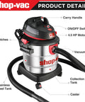 5 Gallon 4.5 Peak HP Wet Dry Vacuum With Stainless Steel Tank Portable Shop Vacuum with attachments shown