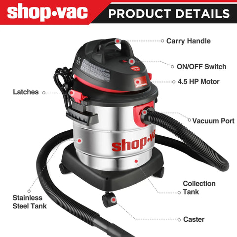 5 Gallon 4.5 Peak HP Wet Dry Vacuum With Stainless Steel Tank Portable Shop Vacuum with attachments shown