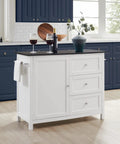 Granite Top Kitchen Island Cart With Rolling Wheels, Microwave Stand, Coffee Bar, Black Finish, White Cabinet in Modern Kitchen