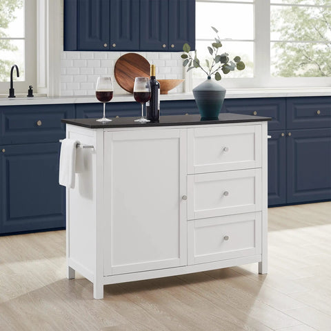 Granite Top Kitchen Island Cart With Rolling Wheels, Microwave Stand, Coffee Bar, Black Finish, White Cabinet in Modern Kitchen