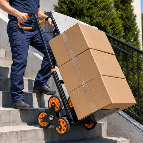Heavy Duty Stair Climber Hand Truck Dolly With Dual Tri Wheel System For Stairs, 265 Lb Capacity, Foldable Steel Frame, Telescoping Ergonomic Handle, Smooth Roll On Steps And Uneven Surfaces carrying boxes on stairs