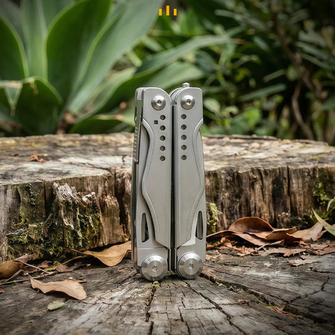 Everyday Carry 18 In 1 Multitool Pliers With Ergonomic Handle Stainless Steel Pocket Tool on tree stump background outdoors