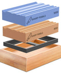 Exploded view of Two Whetstones Grit 400 And 1000 Gouge Sharpener Waterstone Sharpening System with bamboo base.