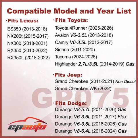 Compatibility list for Engine Air Filter Replacement For Toyota Camry Sienna Highlander Avalon Tacoma 4Runner NX300 NX200t Lexus RX350 RX350L ES350 Jeep Grand Cherokee Dodge Durango Easy Fit V6 Engines 2010 2025