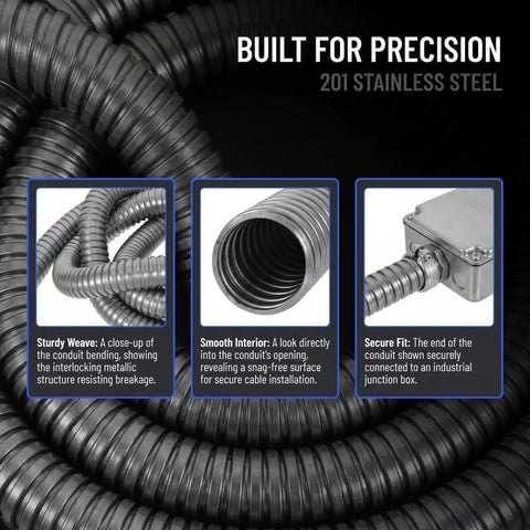 Close-up of Built Tough Stainless Steel Flexible Wire Conduit For Electrical Cable Routing and High Temperature Rugged Metal Tubing.
