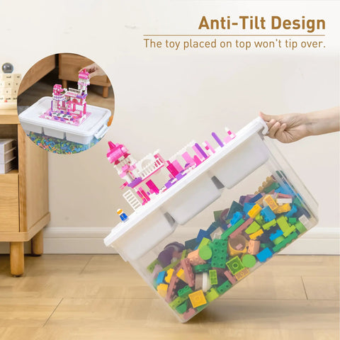 No Fuss 17 Qt Clear Plastic Storage Box With Bricks Compatible Baseplate Lid And Removable Tray For Craft Organization Beads Tools Sewing Supplies And DIY Projects, tilted with colorful blocks inside.