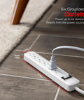 Six Outlet Power Strip Two Pack With One Point Five Foot Heavy Duty Extension Cord in use on tile floor