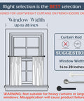 Adjustable Sash Curtain Rod For French Doors With Tough Three Eighth Inch Steel Bar And Low Profile Brackets delivering dead simple screw or sticky tape mount for wood glass aluminum slider panels in matte black pack guidelines for window width up to 28 inches.