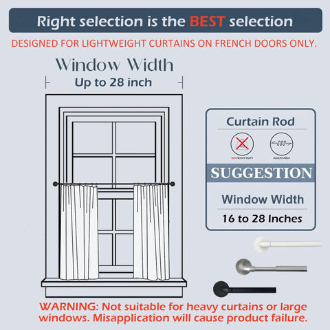 Adjustable Sash Curtain Rod For French Doors With Tough Three Eighth Inch Steel Bar And Low Profile Brackets delivering dead simple screw or sticky tape mount for wood glass aluminum slider panels in matte black pack guidelines for window width up to 28 inches.