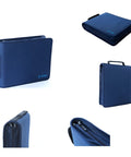 Collage of blue Durable Portable DVD CD Blu Ray Storage Case With Extra Wide Title Cover Pages Holds 192 Discs And 96 Booklets