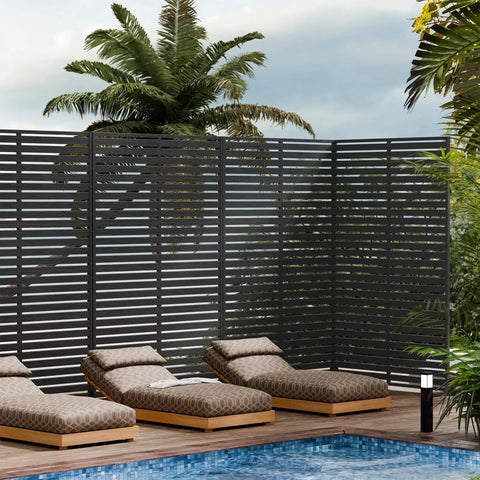 Six Panel Outdoor Privacy Screen Set With Freestanding HDPE Panels And Stand, 72 Inches High By 47 Inches Wide beside poolside