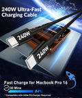 240W fast charging cable on Macbook Pro showing ultra-fast charging speed.