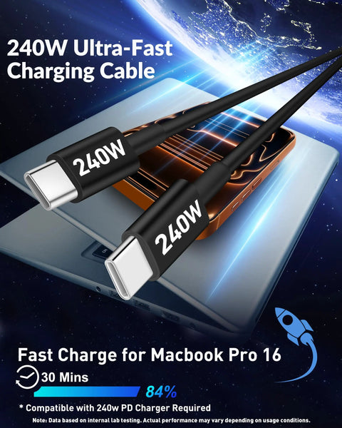240W fast charging cable on Macbook Pro showing ultra-fast charging speed.