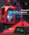 3 In 1 Electric Hoist Winch 1100lbs With 40ft Lift Height, showcasing 1500W motor and 1100lb max capacity.