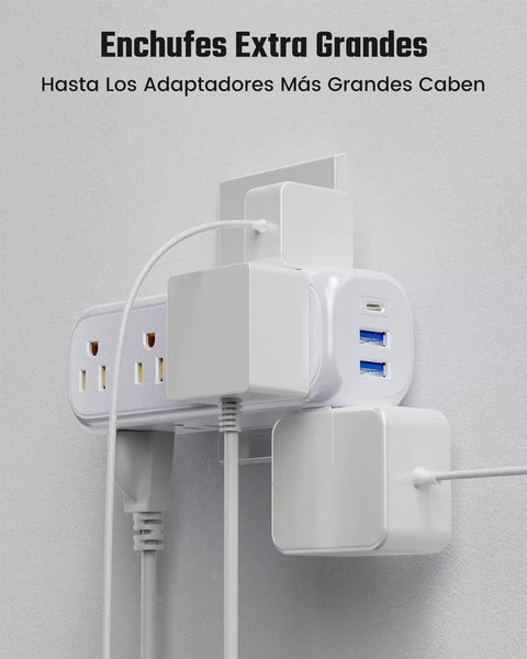 Beefed Up 9 Outlet Swivel Power Strip With 3 USB Ports And USB C 360 Degree Rotating Prongs Surge Protector installed on wall