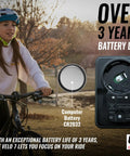 Starter Friendly Wired Bike Computer With Auto Start Stop. Image of a cyclist beside product battery display with three-year life.