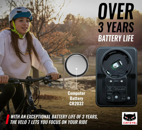 Starter Friendly Wired Bike Computer With Auto Start Stop. Image of a cyclist beside product battery display with three-year life.