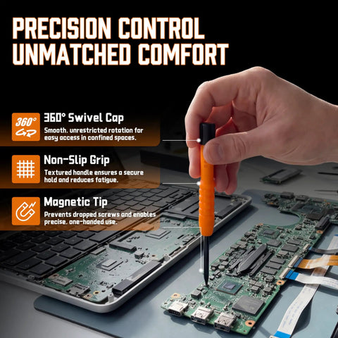 Hand using All In One Precision Screwdriver Set With Magnetic Tips And Storage Case on electronic circuit board
