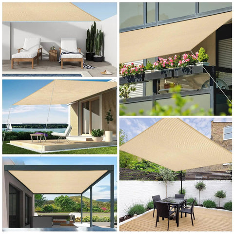 Beige 5x7 Sun Shade Sail with Straight Edge over various outdoor spaces, showcasing UV blocking and water permeable canopy in a garden.