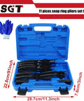 Heavy Duty Snap Ring Pliers Set Pro Grade With 10 Piece Internal And External Circlip Pliers Including Bent And Straight Tips Plus Hook And Pick Storage Case And Gloves For Easy Ring Removal in blue case open
